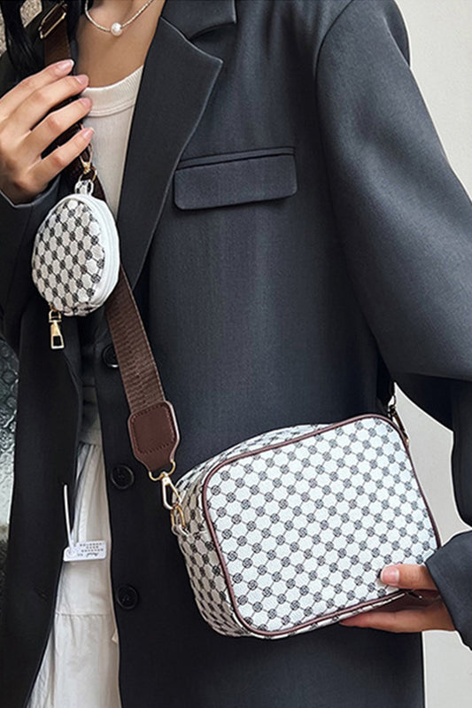 White Checkered Print PU Leather Shoulder Bag with Coin Wallet
