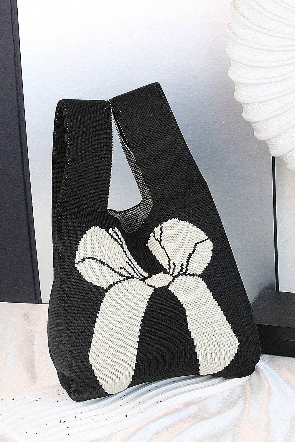 Black Colorblock Bowknot Pattern Knitted Hand Bag