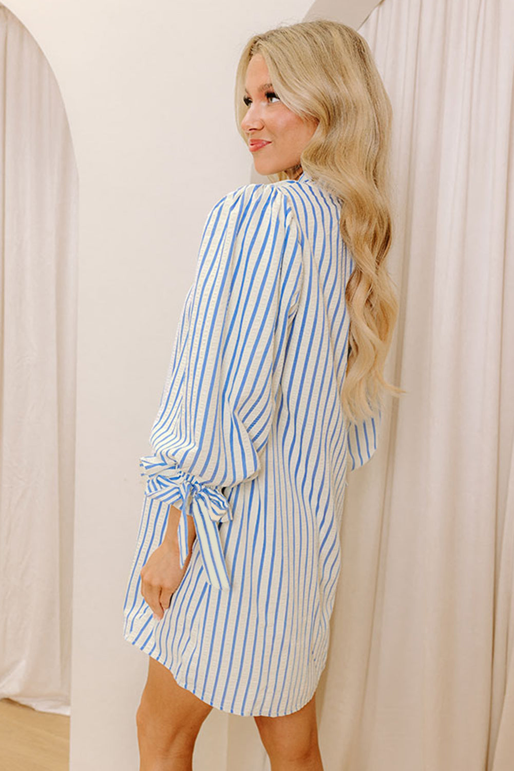 Sky Blue Stripe Knotted Bracelet Sleeve Notched Neck Shift Mini Dress