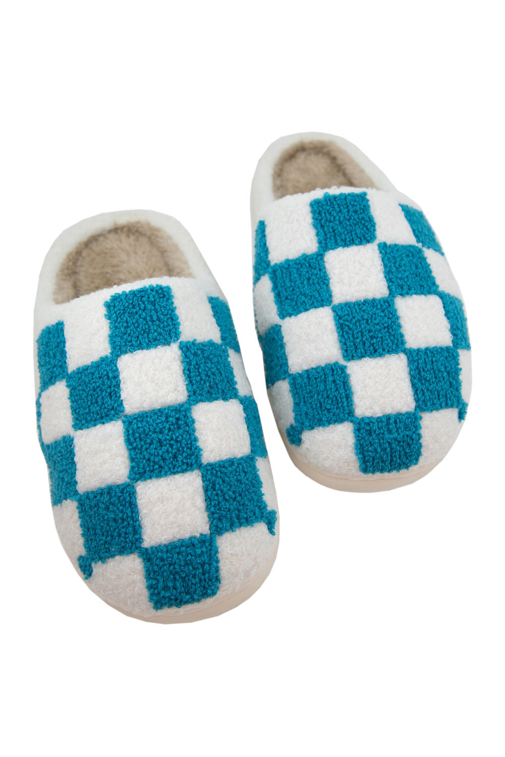 Light Blue Checkered Round Toe Plush Slippers