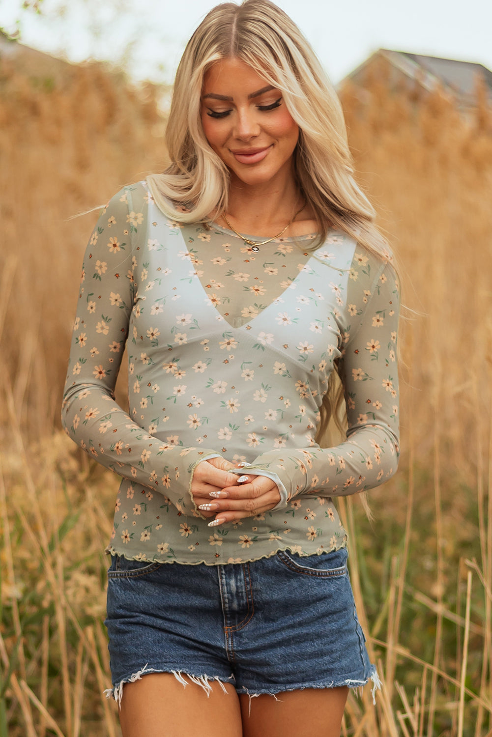 Laurel Green Vintage Floral Print Southern Style Mesh Long Sleeve Top