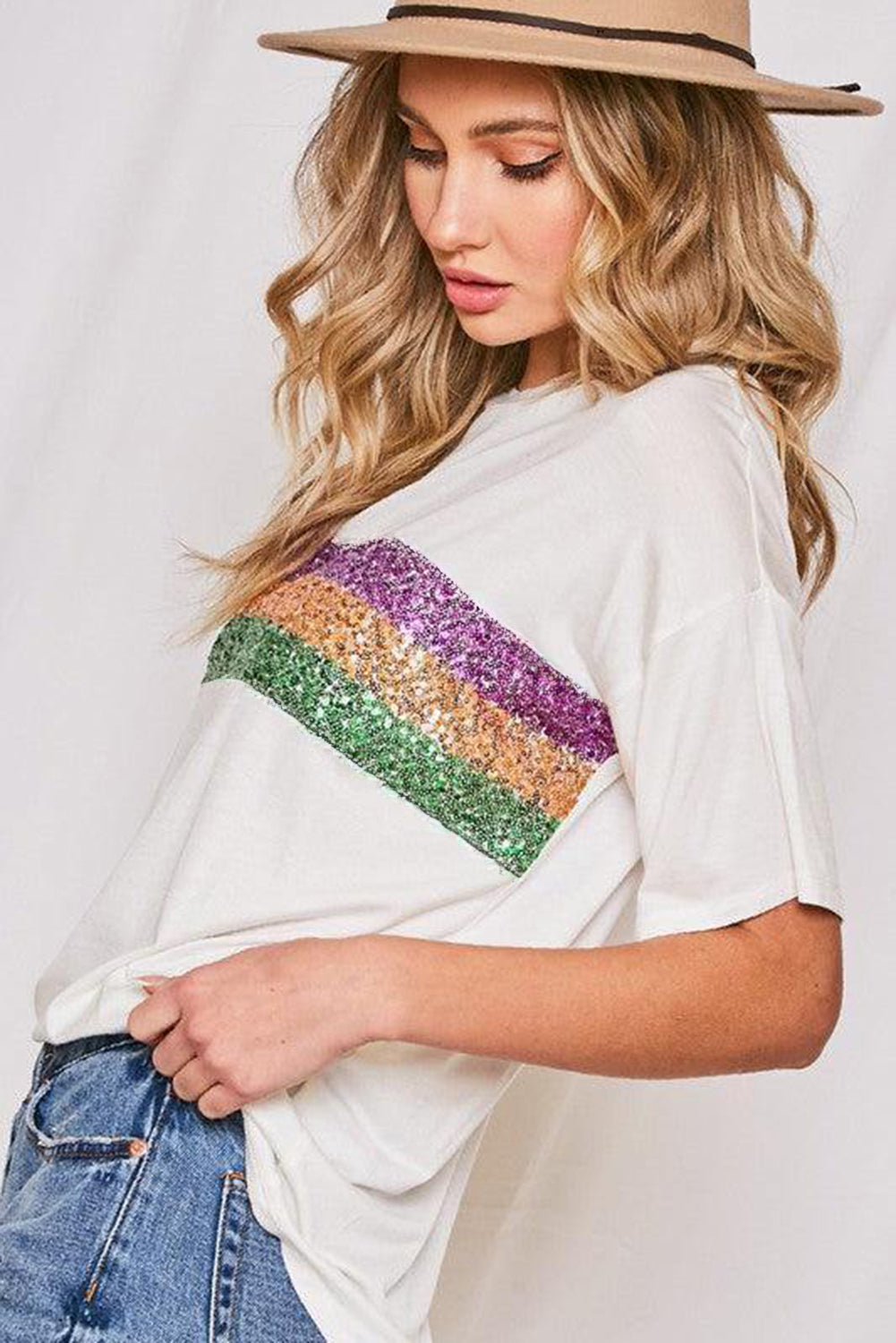 White Sequin Stripes Patchwork Mardi Gras Crew Neck T Shirt