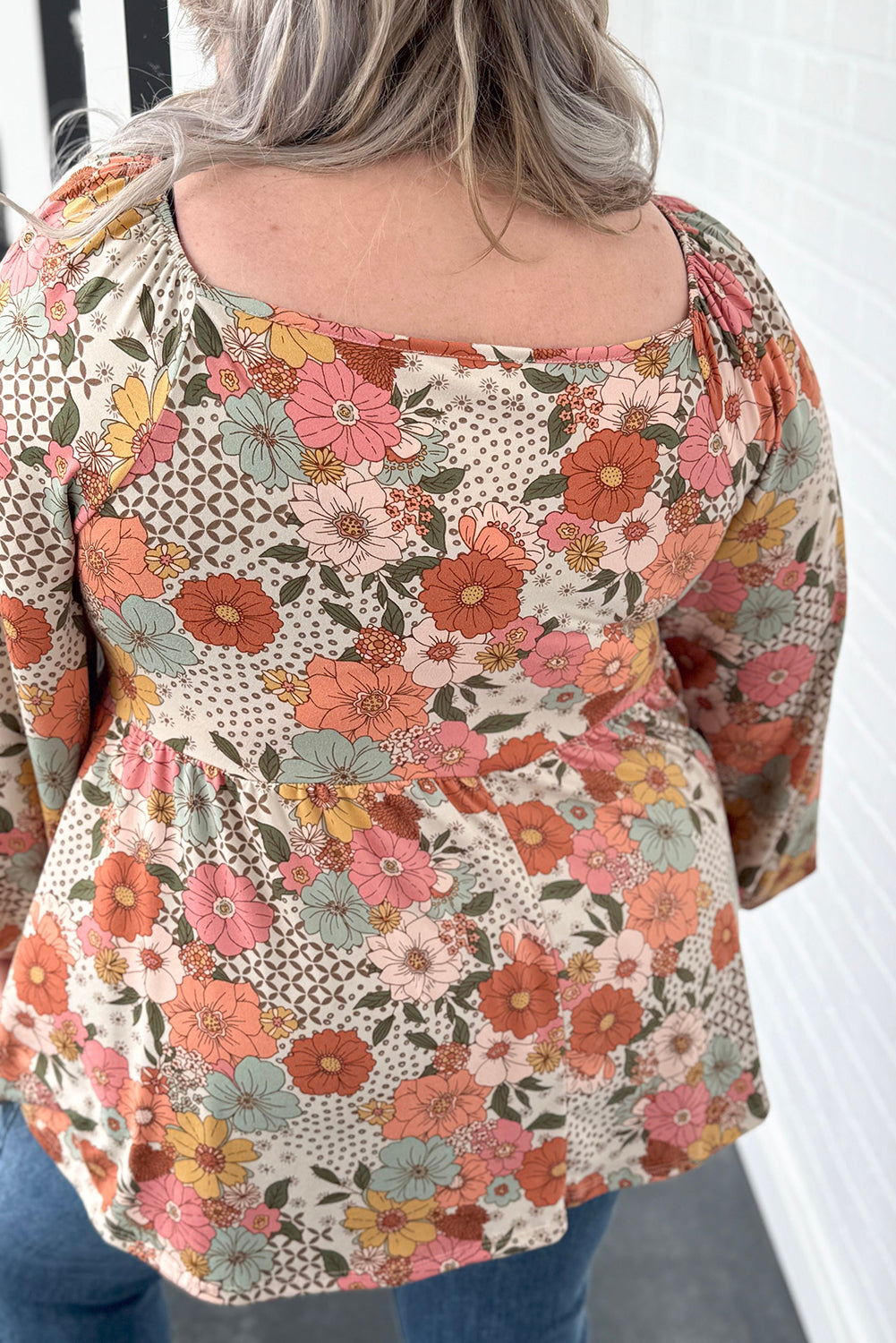 Khaki Plus Size Flower Print Square Neck Peplum Blouse