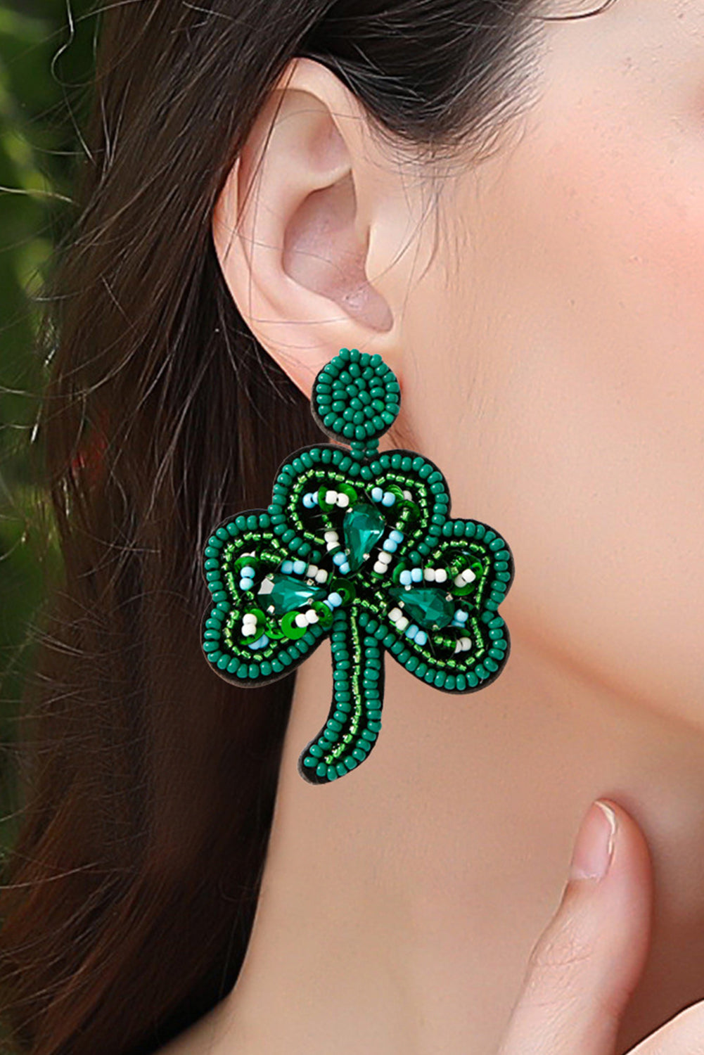 Blackish Green St Patrick Shamrock Rice Beaded Stud Earrings