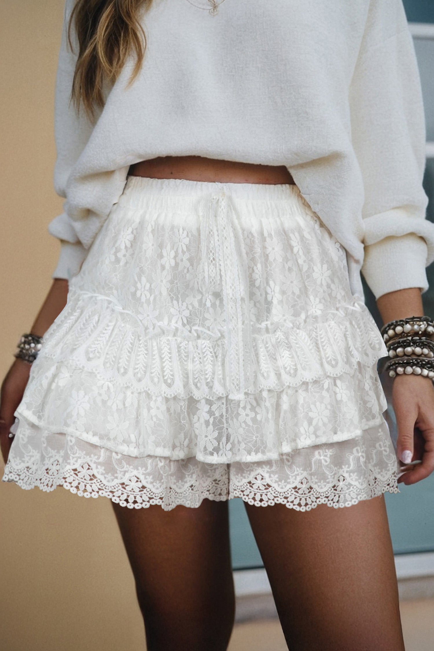 White Lace Ruffle Tiered Drawstring Elastic Waist Sweet Shorts