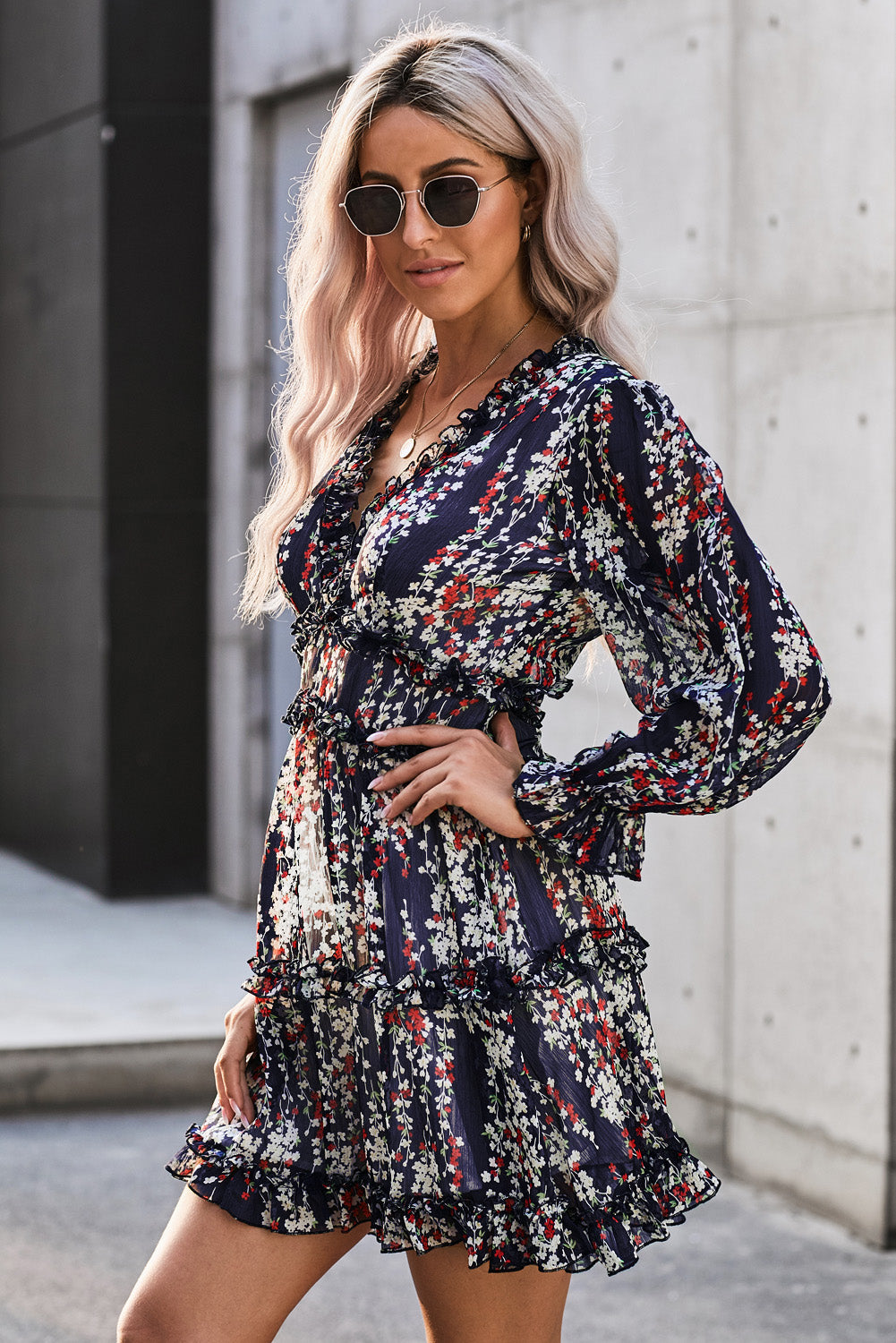 Blue Ruffle Detailing Open Back Floral Dress