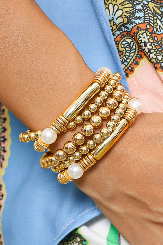 Gold 5pcs Pearl Plated Beaded Bracelet Set
