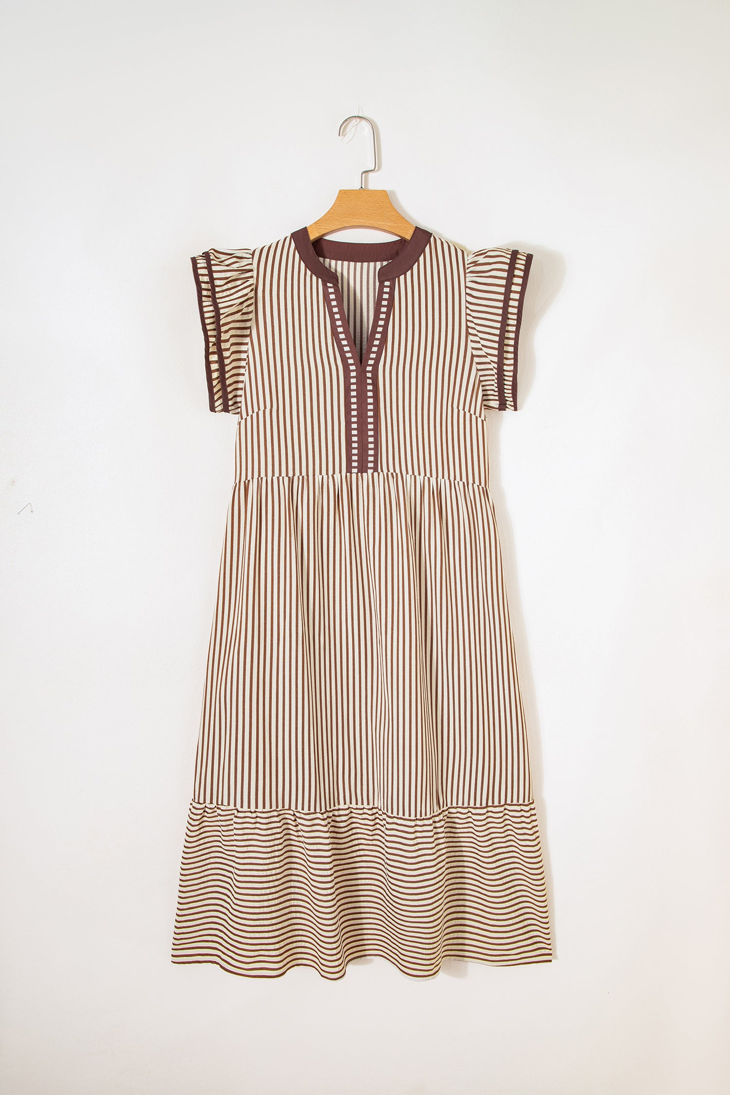 Brown Stripe Double Ruffled Short Sleeve Contrast Trim V Neck Midi Dress
