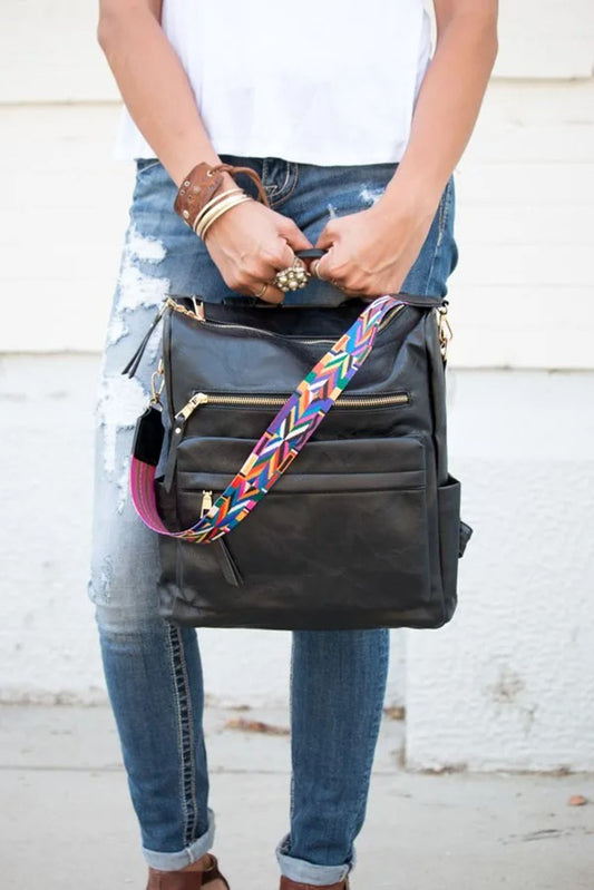 Color black Geometric Crochet Strap PU Leather Large Backpack