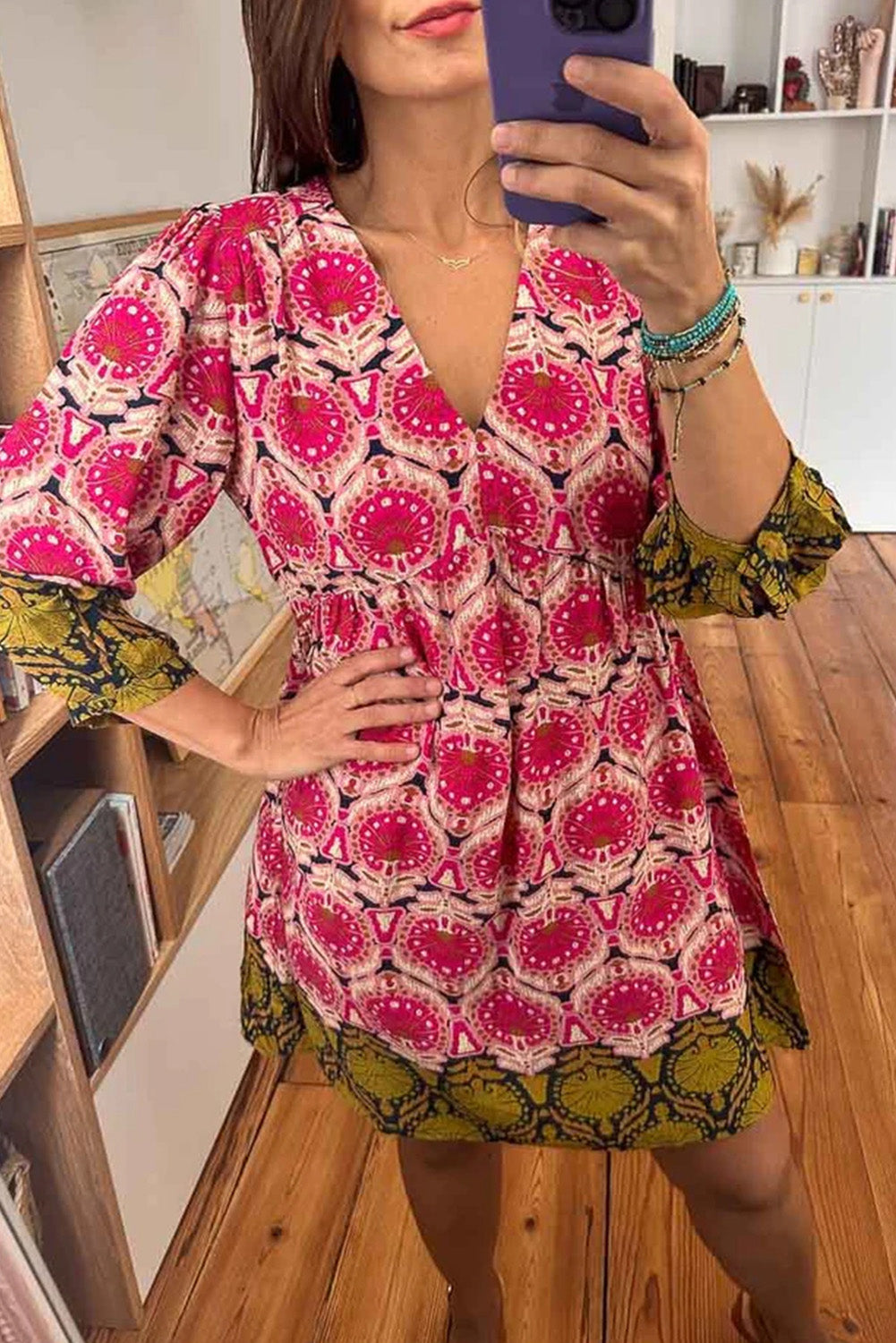 Strawberry Pink Retro Printed V Neck Bracelet Sleeve Dress