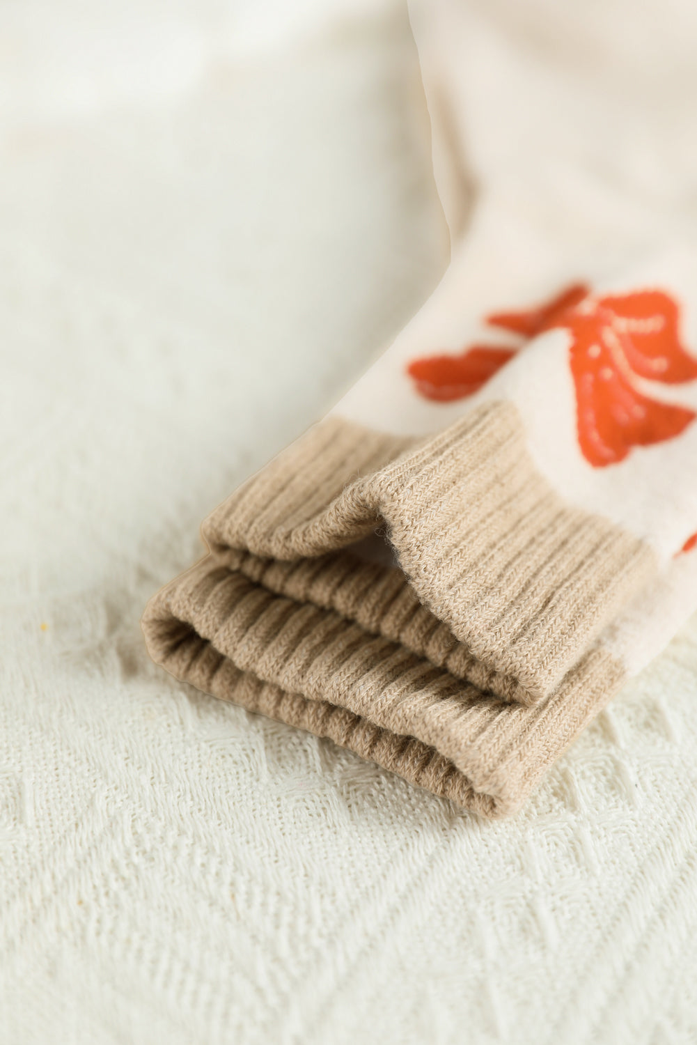 Khaki Bow Printed Color Block Knit Womens Socks