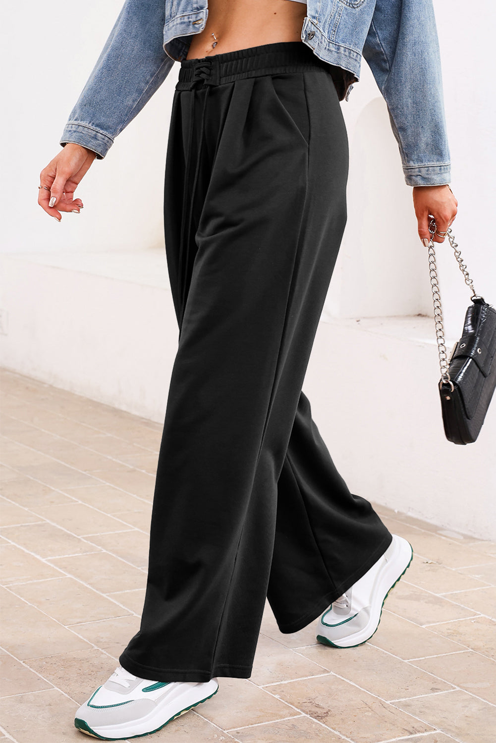 Dearlovers Black Tied Elastic High Waist Pleated Detail Solid Sweatpants