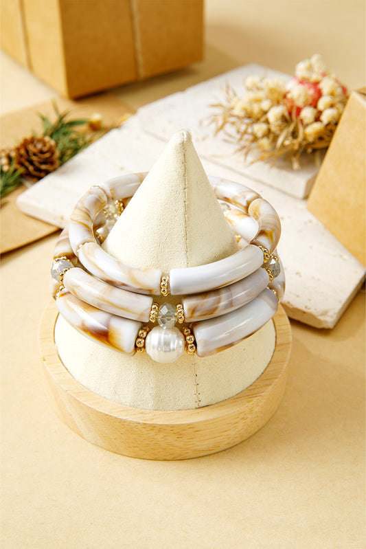 White 3pcs Marbled Tube Pearl Bead Stretch Bracelet Set