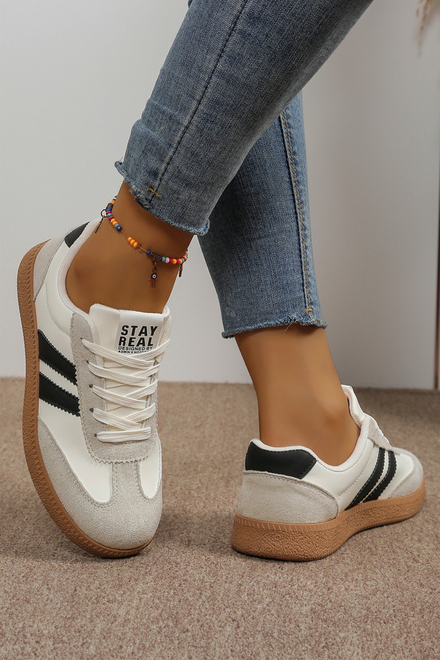 White Varsity Color Block Patchwork PU Leather Lace Up Shoes