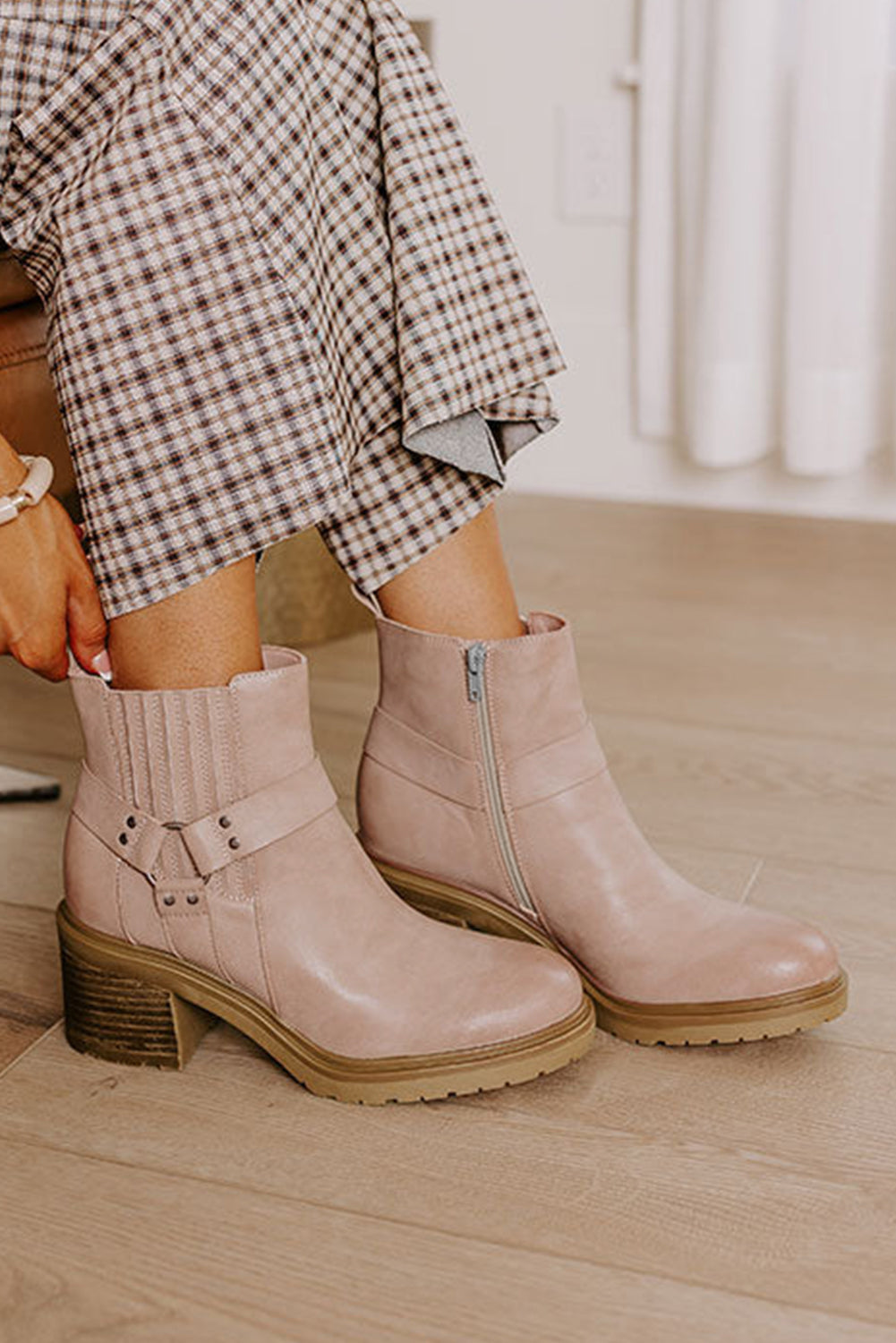 Beige Ring Linked Zipper Chunky Heel Ankle Boots