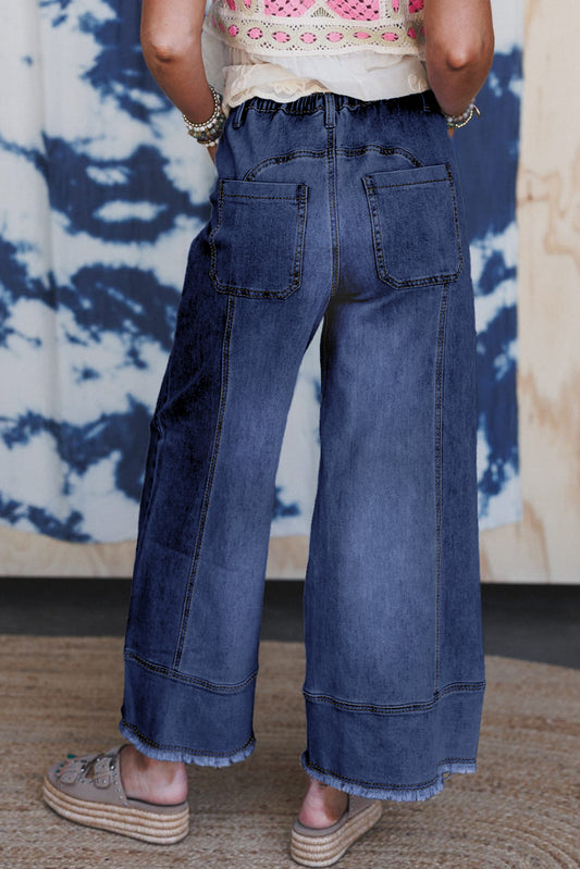 Prussian Blue Drawstring Seam Detail Raw Hem Wide Leg Denim Pants