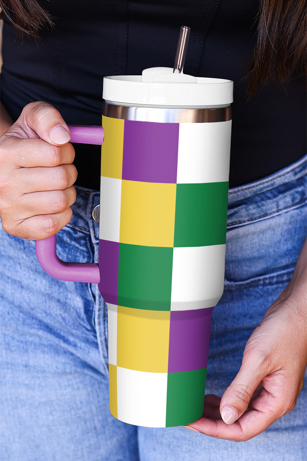 Tillandsia Purple Mardi Gras Checkered Print Handle Large Tumbler 40oz