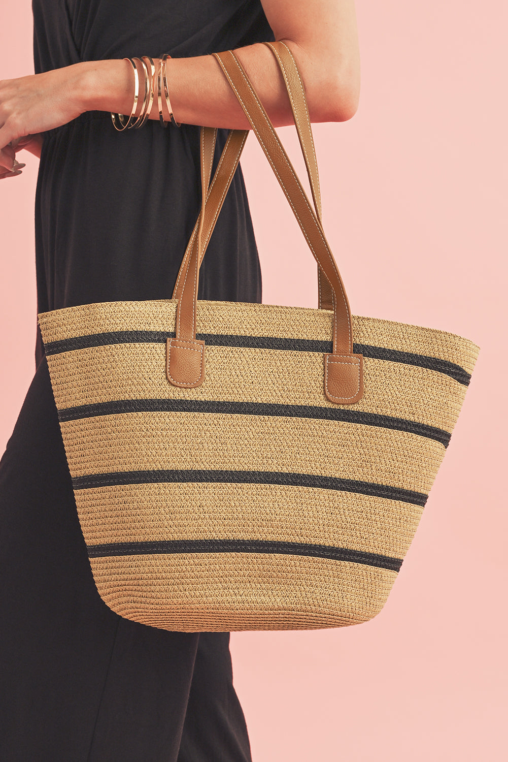 Black Straw Woven Striped Vacation One Shoulder Bag
