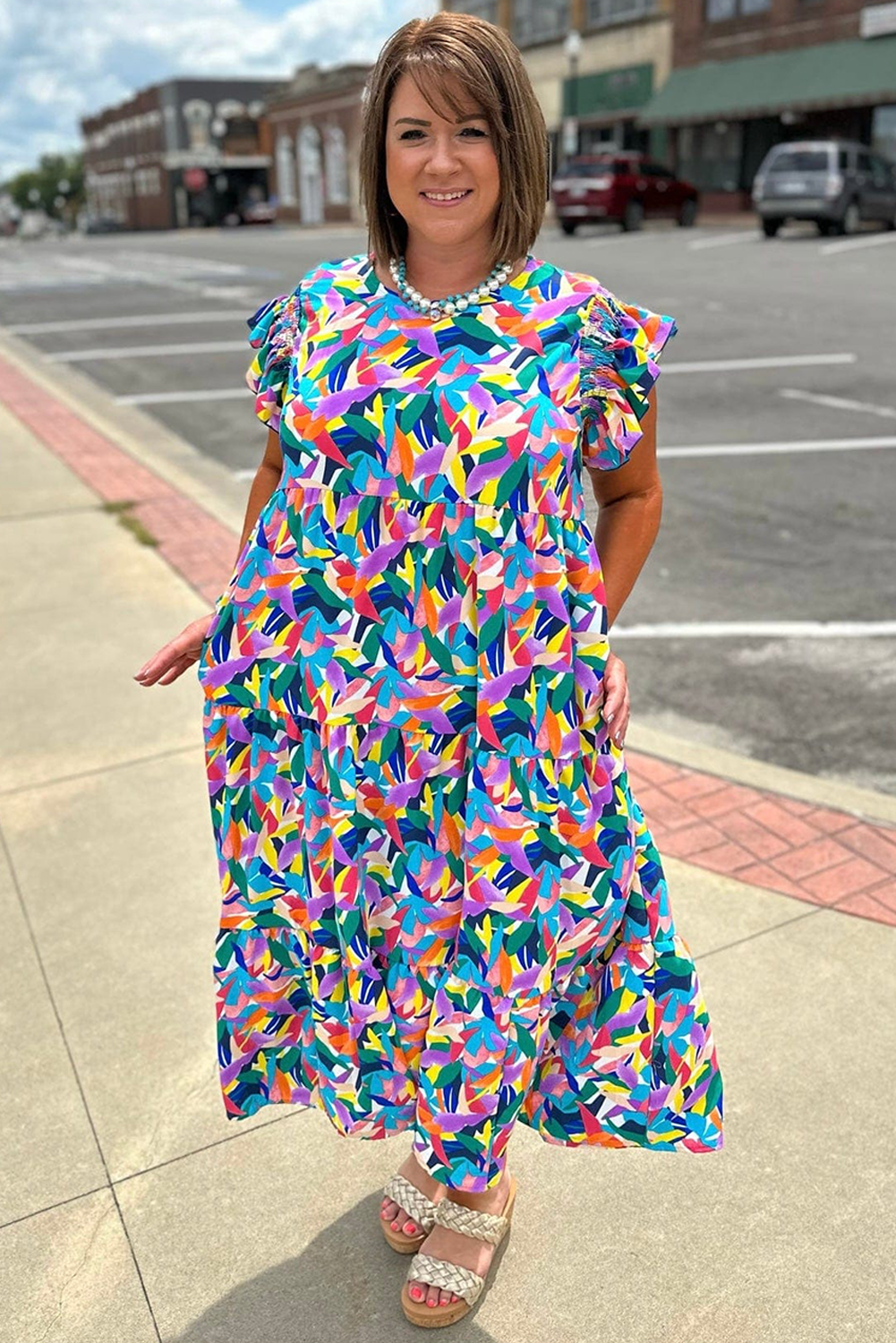 Blue Geometric Print Ruffled Short Sleeve Plus Size Tiered Maxi Dress