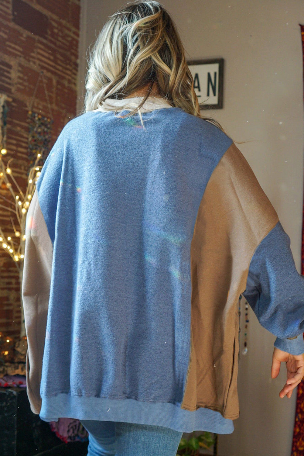 Sky Blue Ribbed Detail Color Block Sleeve Baggy Sweatshirt