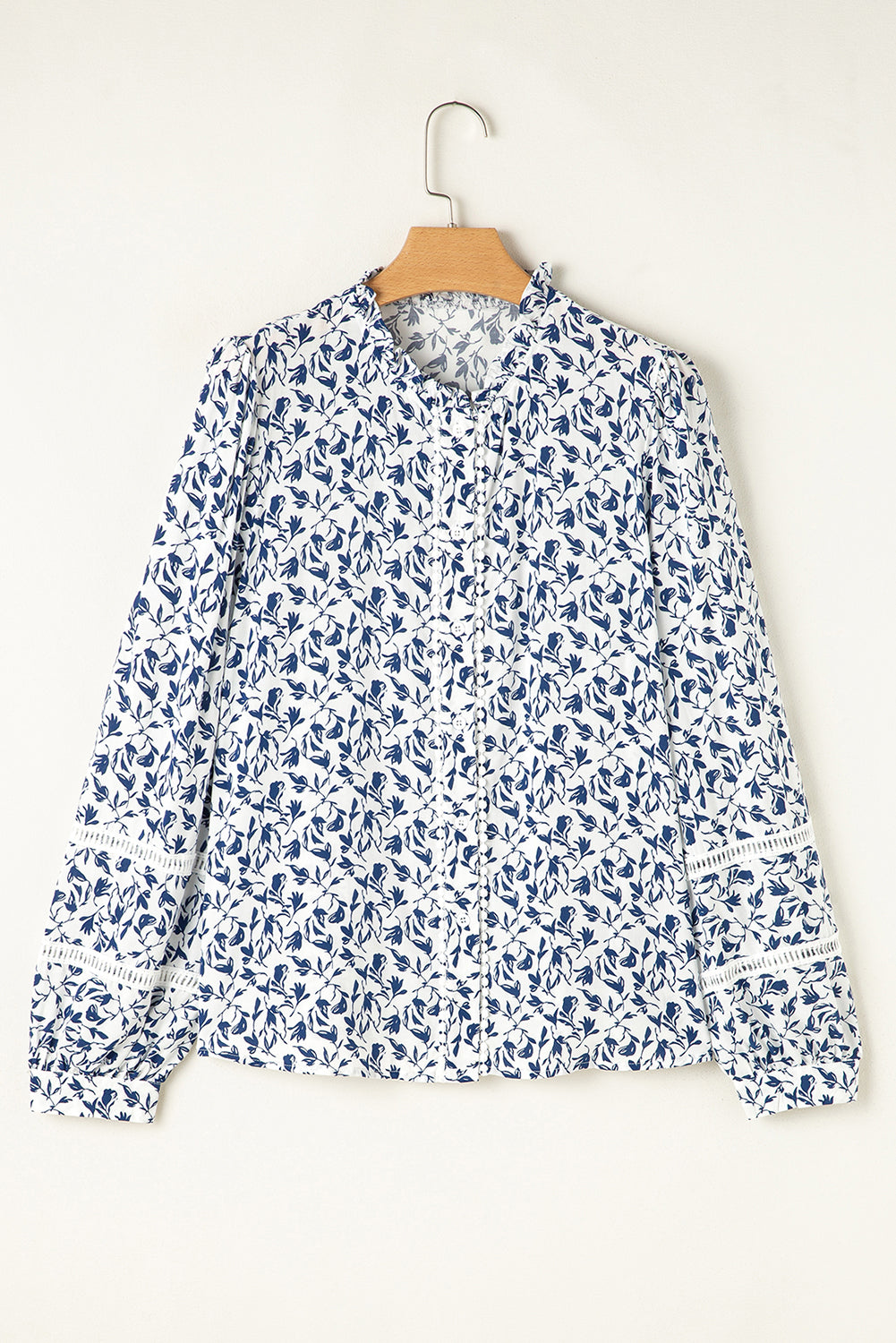 Blue Printed Lace Detail Floral Puff Sleeve Fall Shirt