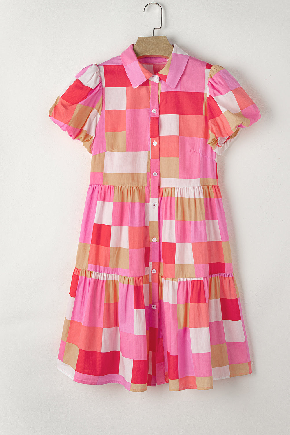 Pink Plaid Print Puff Sleeve Buttoned Tiered Dress