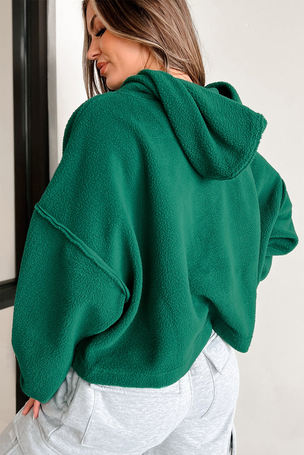 Dark Green Sherpa Fleece Drop Shoulder Hoodie