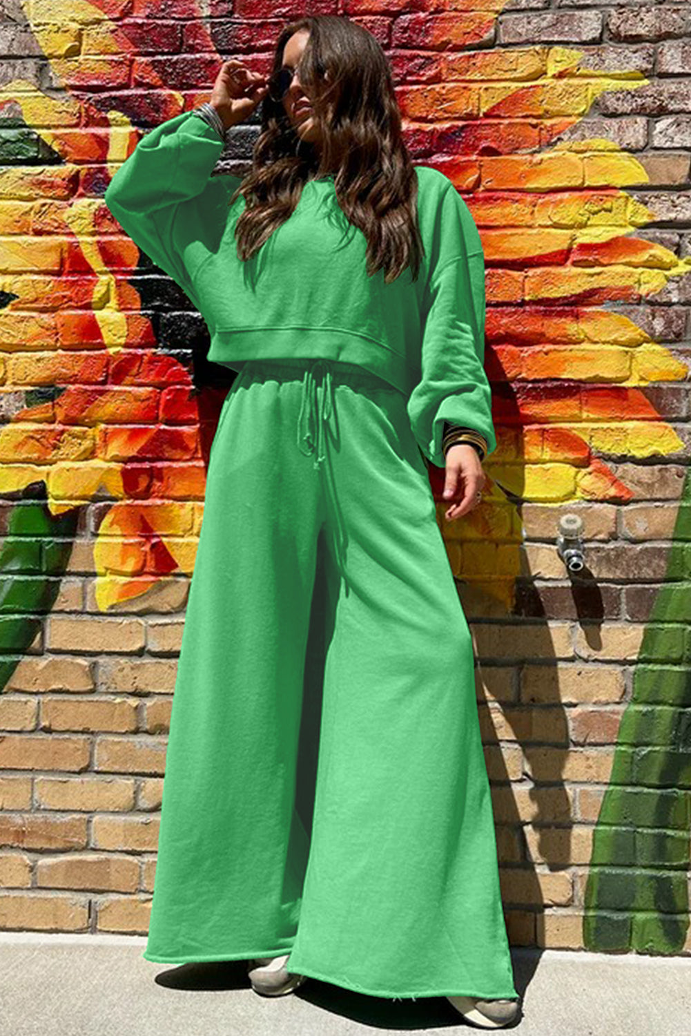 Bright Green Drop Shoulder Puff Sleeve Crop Pullover Drawstring Wide Leg Pants Set