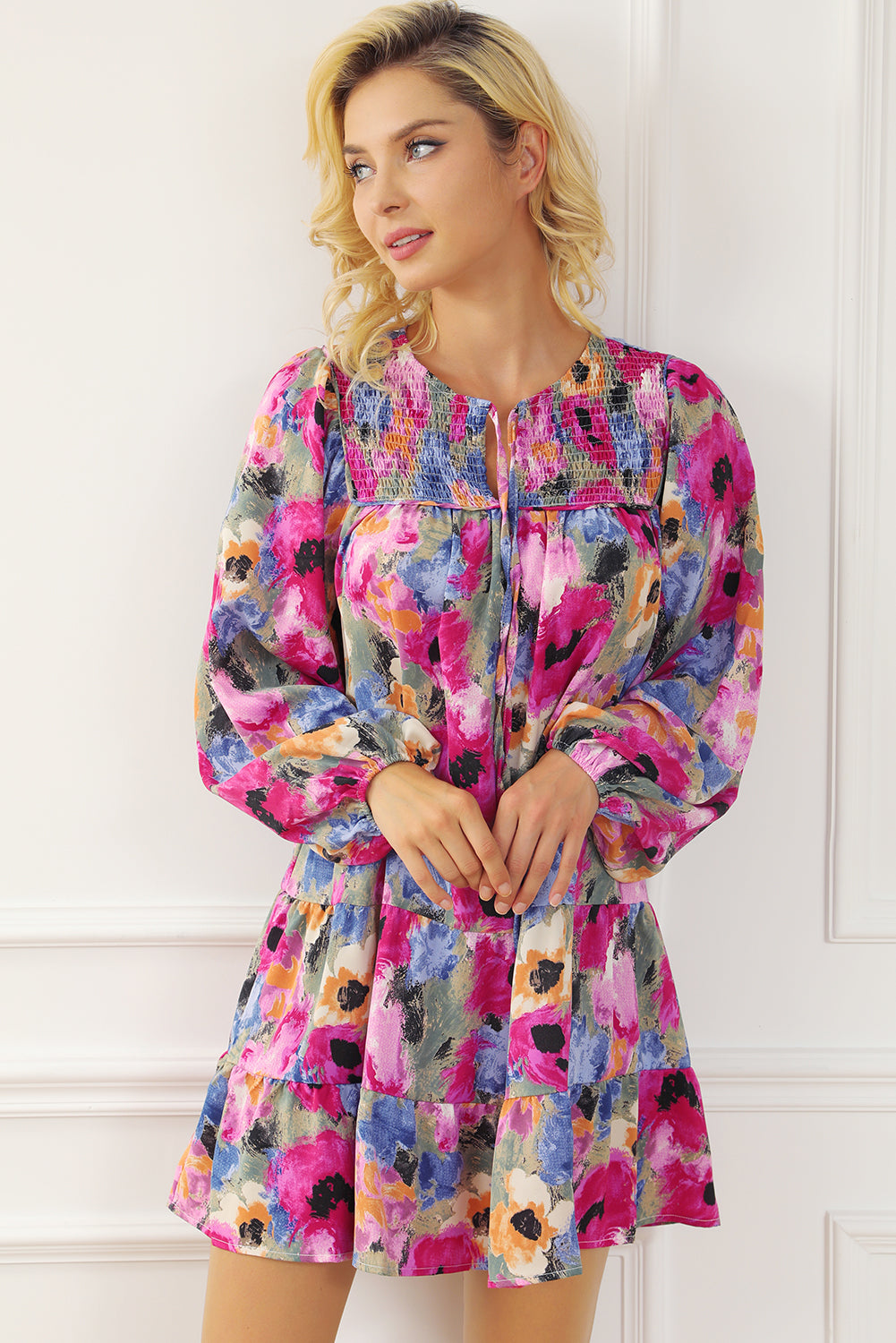 Multicolour Floral Tie Neck Bubble Sleeve Shift Dress