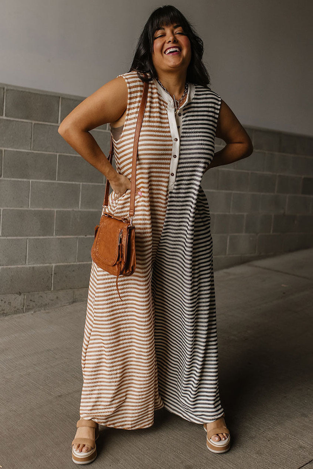 Gray Stripe Plus Size Color Block Buttoned Sleeveless Wide Leg Jumpsuit