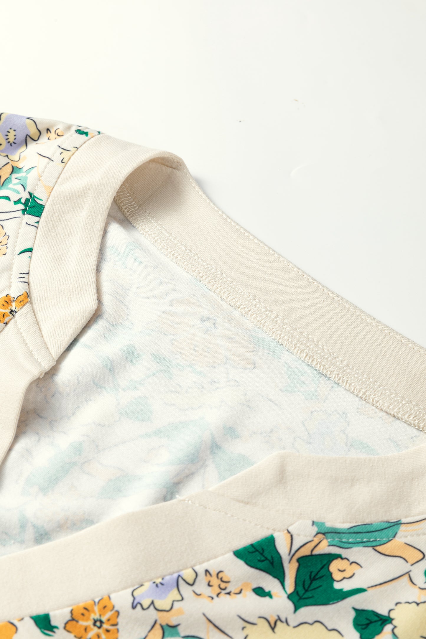 Khaki Floral Print Button Notched V Neck Long Sleeve Top