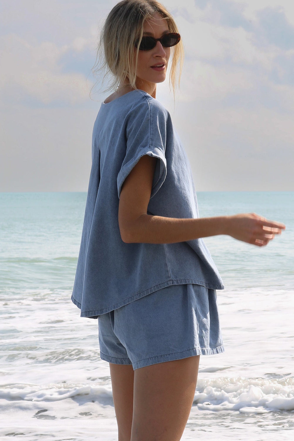 Light Blue Denim Cuffed Sleeve Tee Elastic Shorts Set