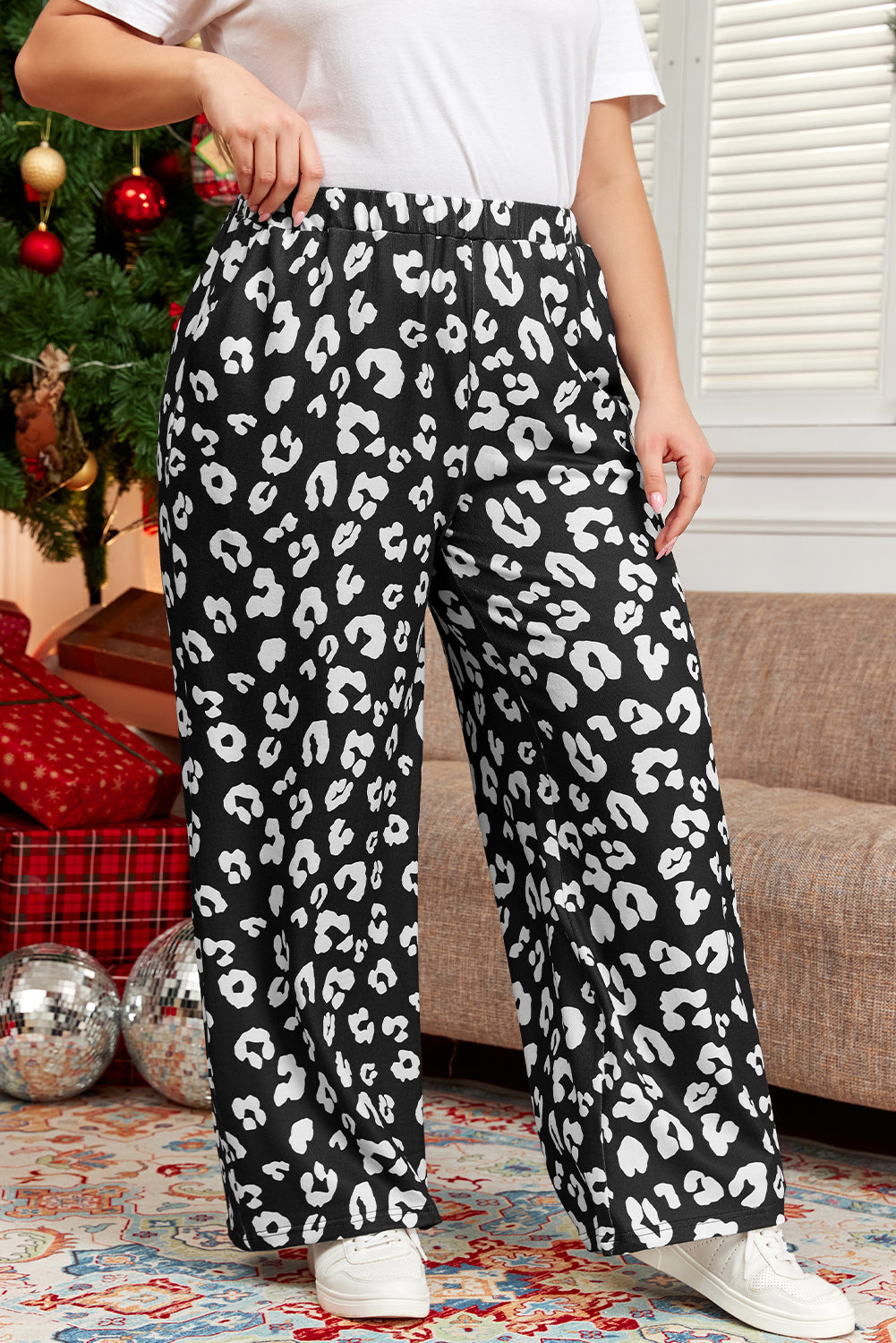 Leopard Wide Leg Pockets Plus Size Pants