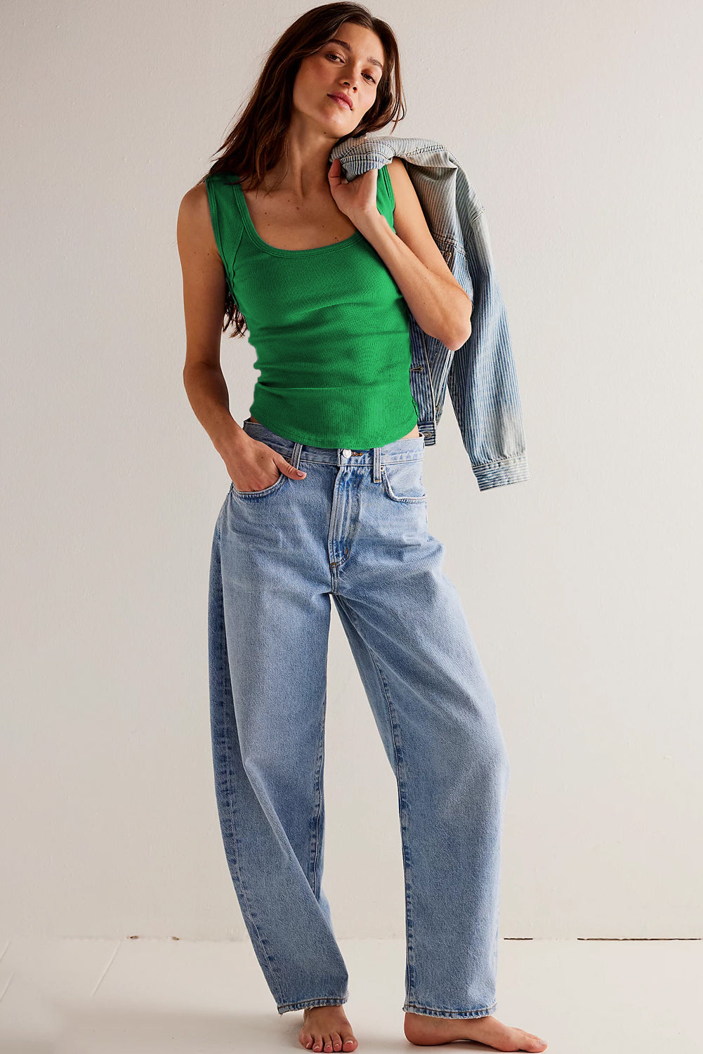 Dark Green Ribbed Exposed Seam Cropped Tank Top