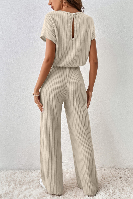 Oatmeal Ribbed Keyhole Short Sleeve Wide Leg Jumpsuit