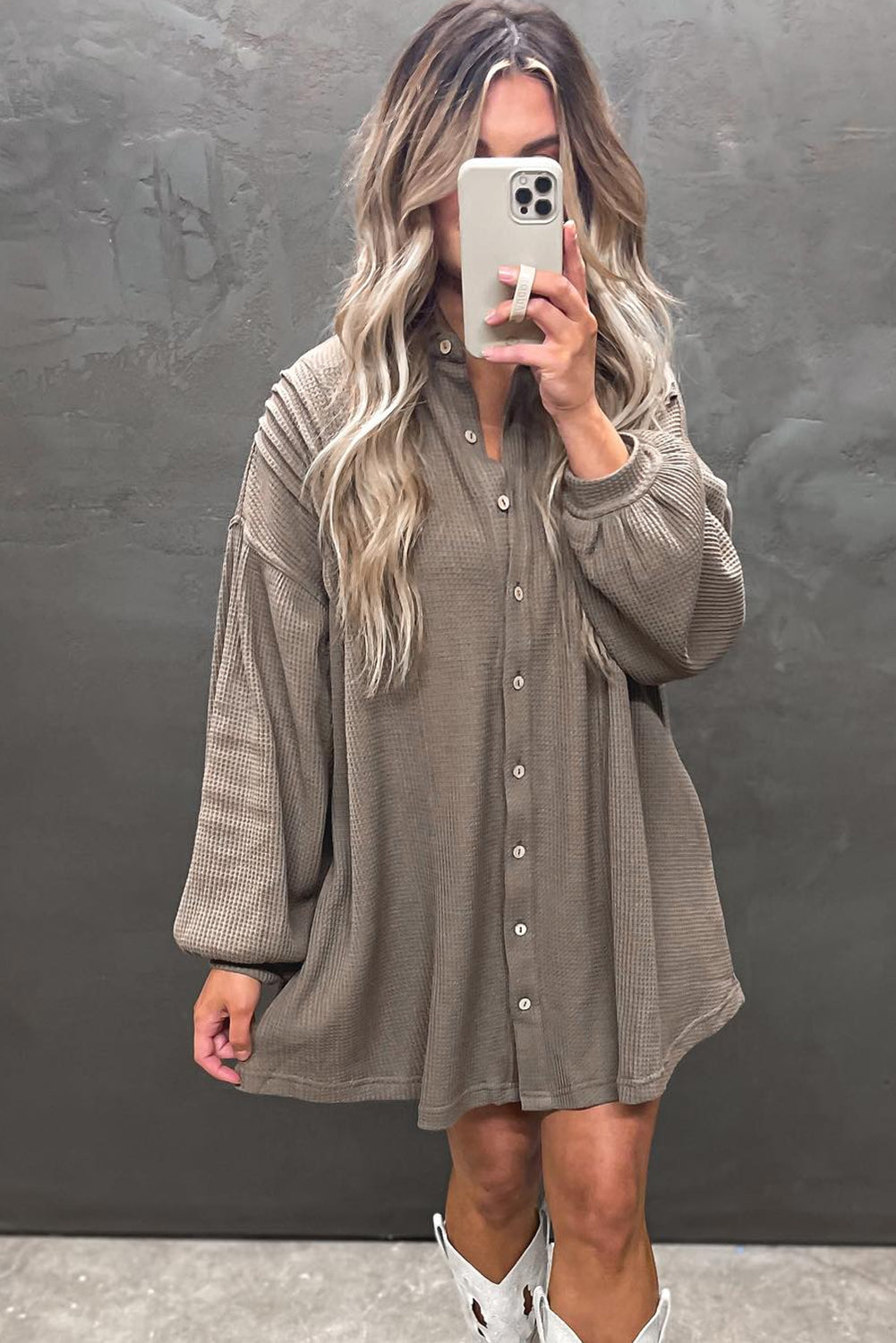 Simply Taupe Waffle Knit Shirt Tunic Dress