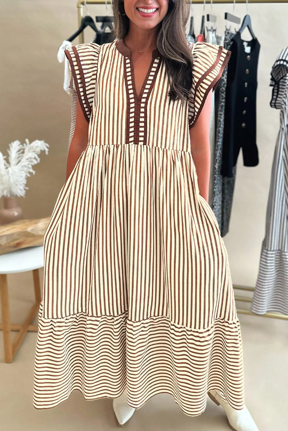 Brown Stripe Double Ruffled Short Sleeve Contrast Trim V Neck Midi Dress