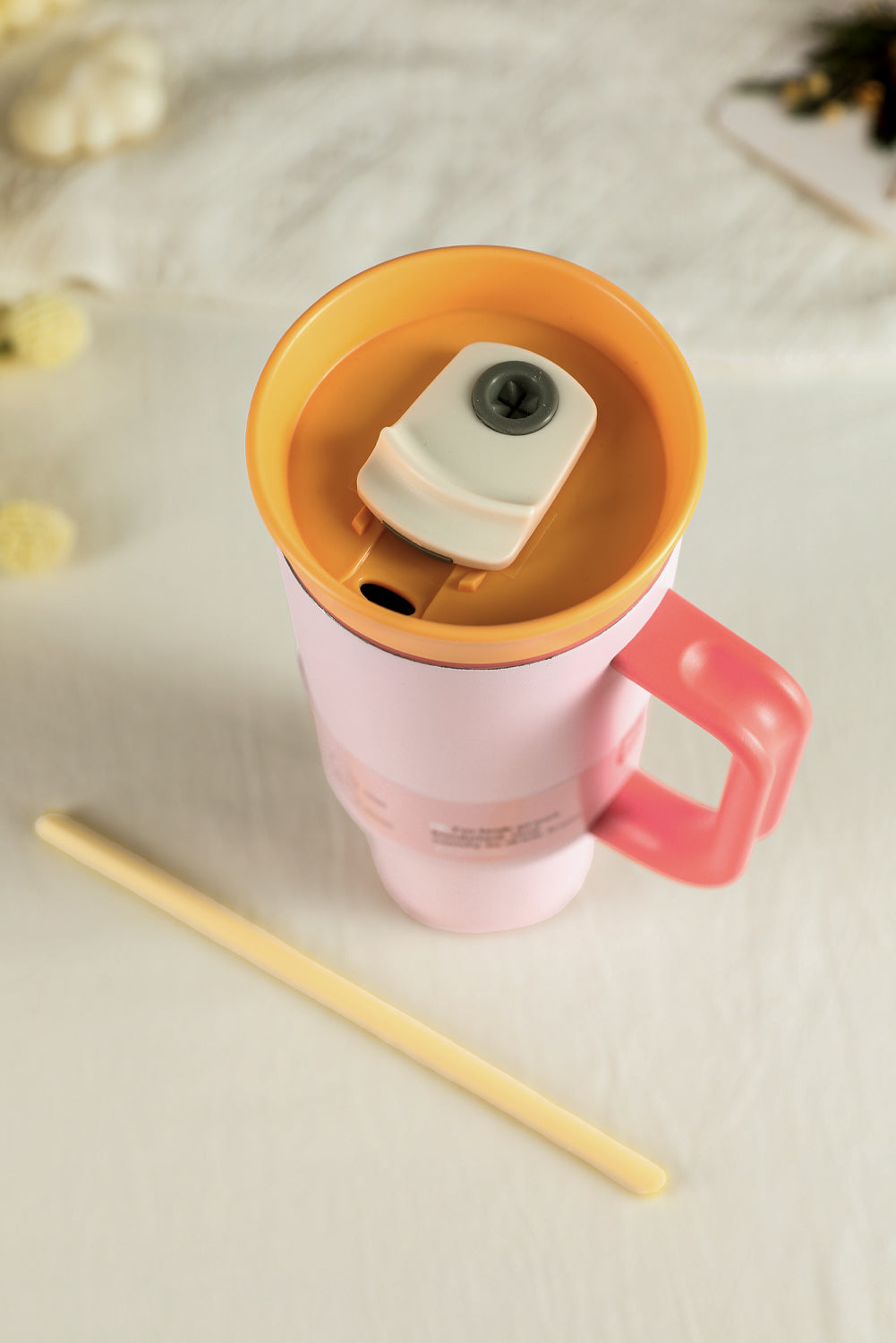 Light Pink Color Block Handle Lid Stainless Steel Insulation Tumbler with Straw