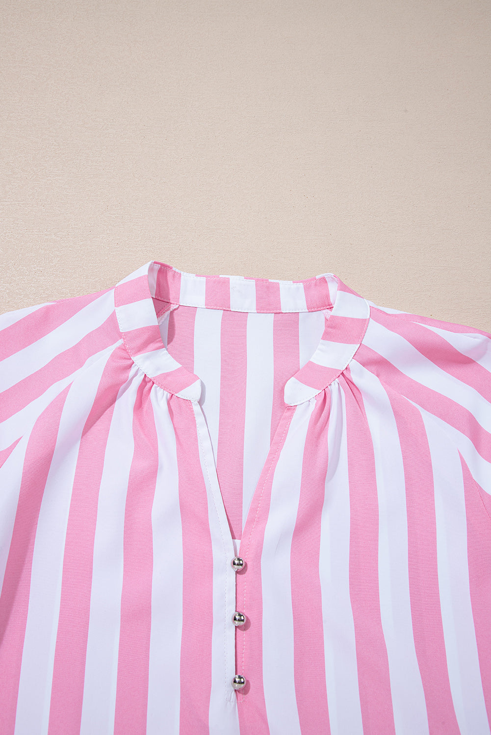 Rose Stripe Split Neck Button Decor Front Puff Sleeve Blouse