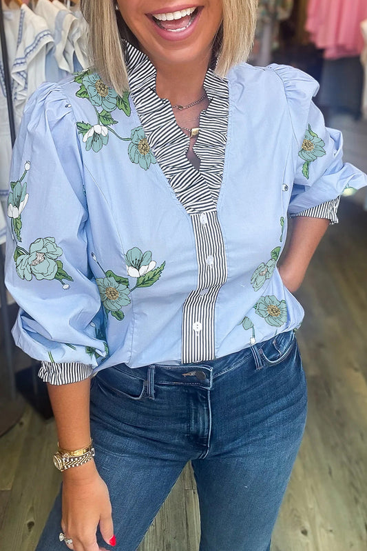 Sky Blue Floral Print Contrast Striped Trim Ruffled V Neck Fall Blouse