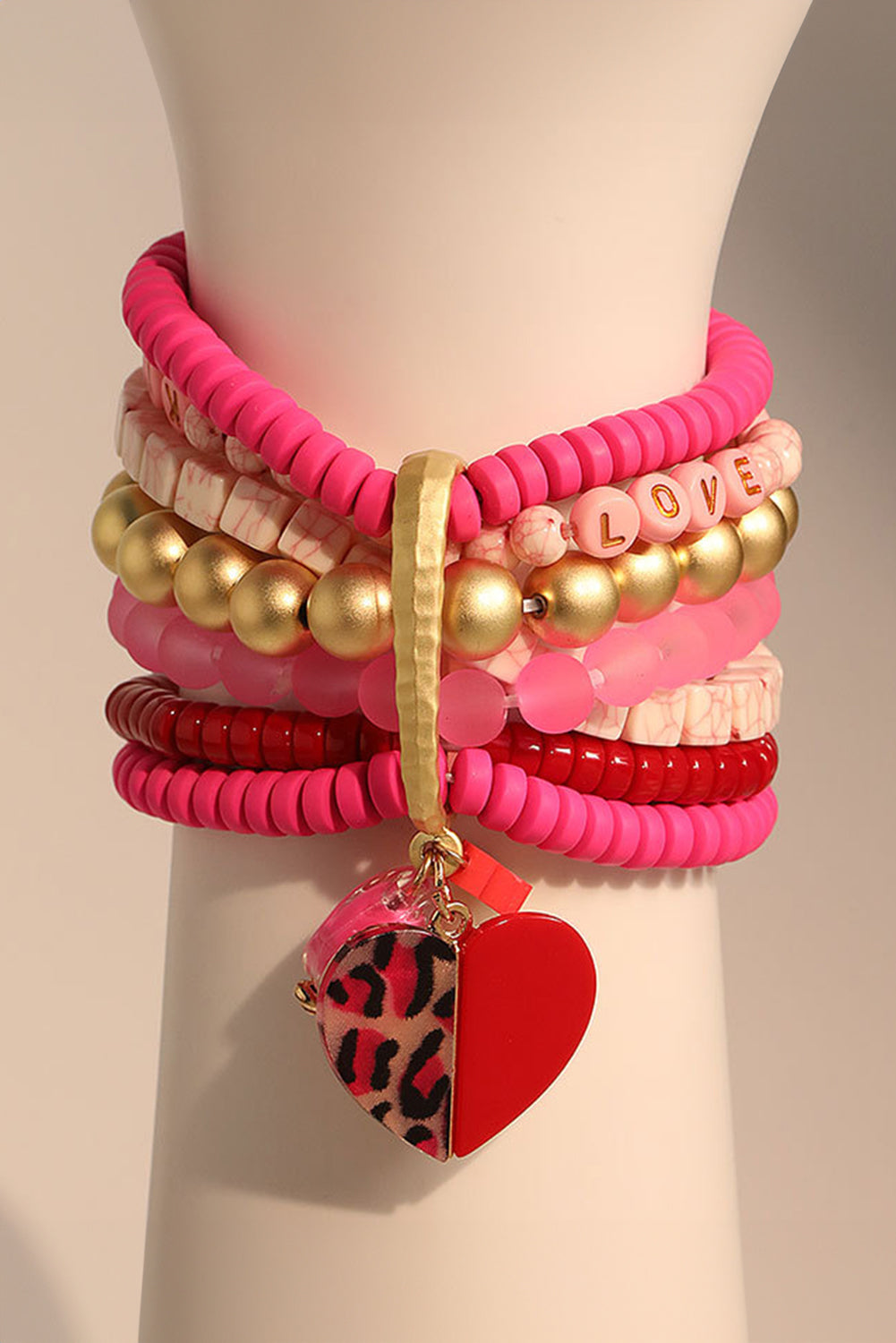 Rose Red Multi Beaded Stack Bracelet with Leopard Heart Charm