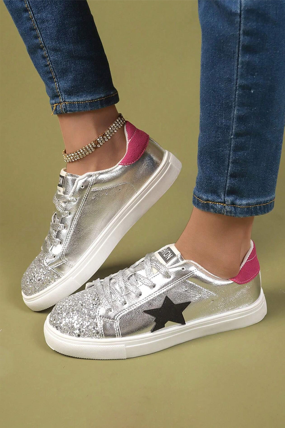 Silvery Metallic Luster Star Pattern Slip On Flat Shoes