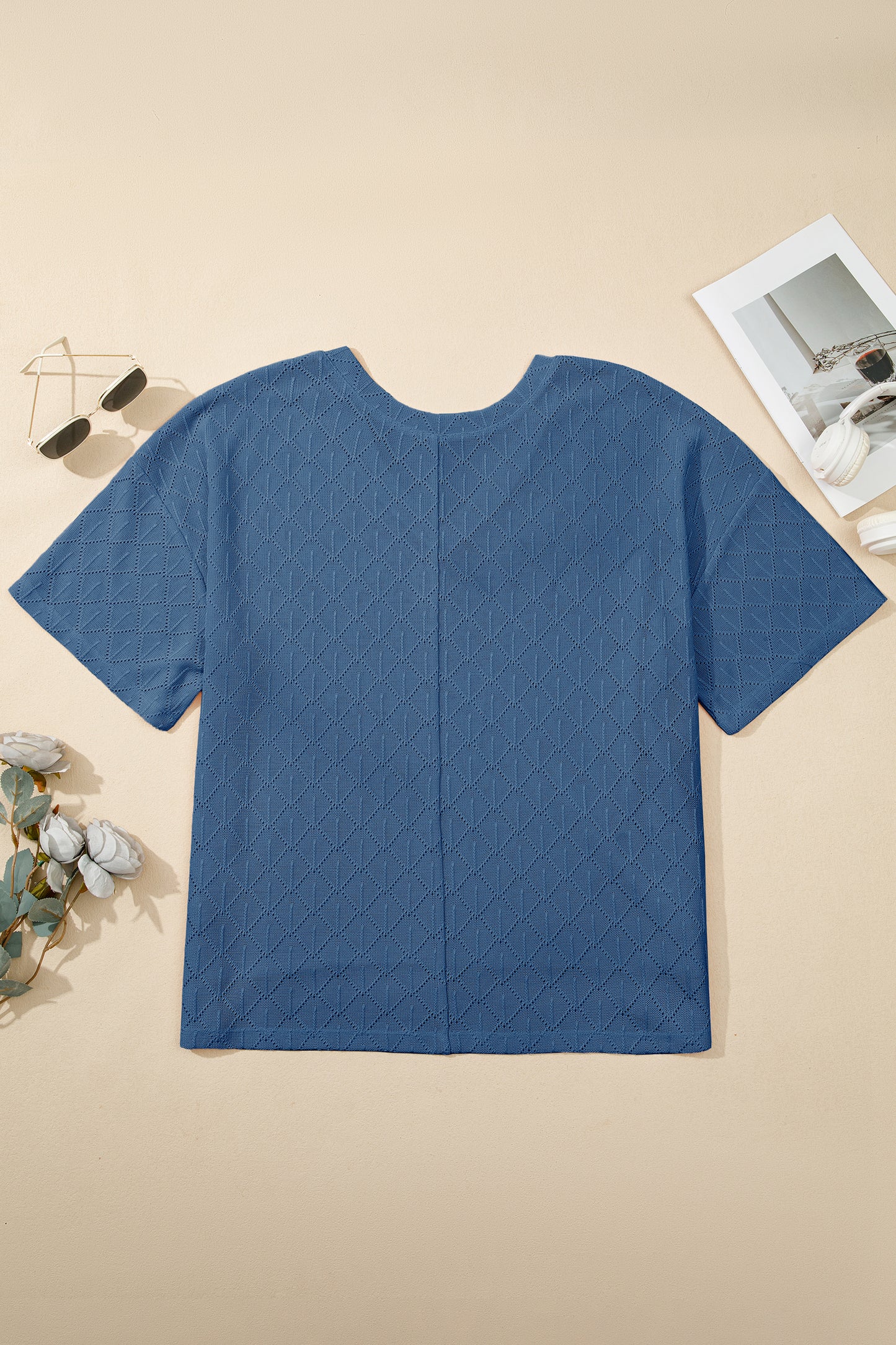 Sky Blue Pointelle Rhombus Knit Plus Size V Neck Loose Top