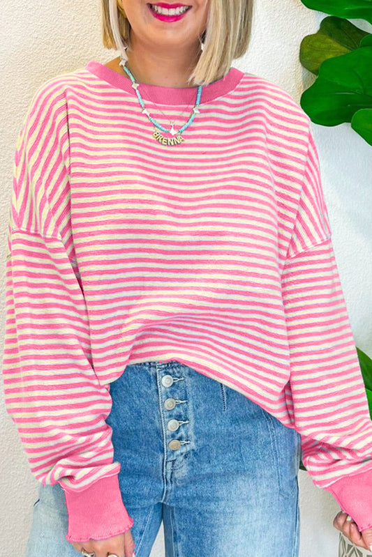 Pink Stripe Loose Drop Shoulder Long Sleeve Top