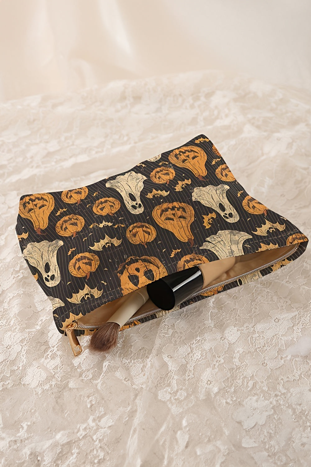 Black Striped Halloween Pumpkin Ghost Printed Makeup Bag