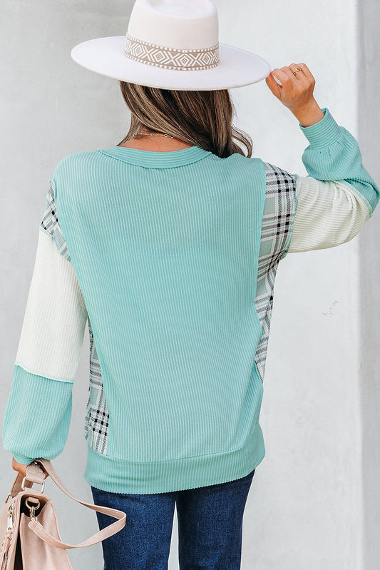Aruba Blue Corded Texture Colorblock Patchwork Split Neck Long Sleeve Top