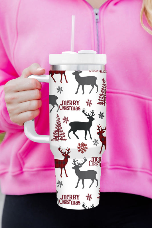 White Merry Christmas Tree Snowflake Elk Print Handle Tumbler