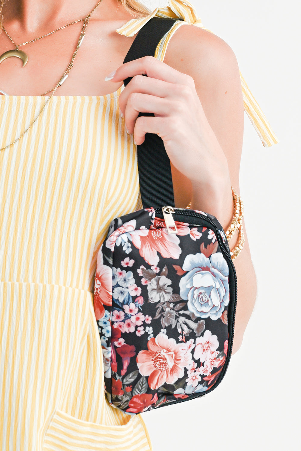 Black Floral Print Zipper Wide Strap Sling Bag