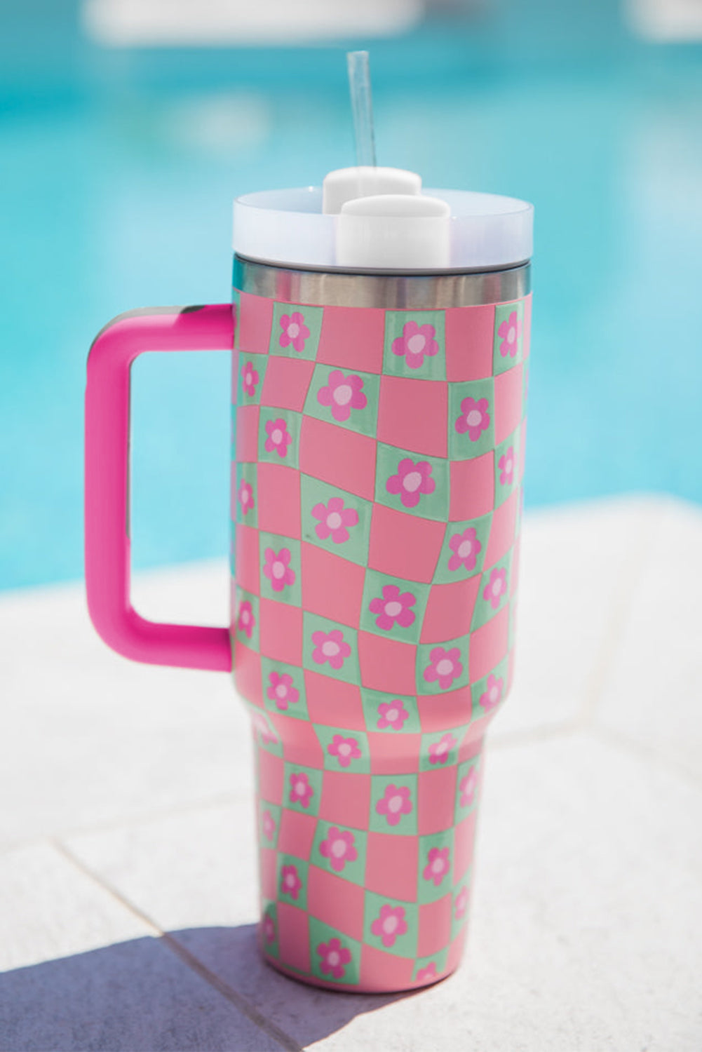 Bright Pink Flower Checkered Pattern Cup with Straw 40oz
