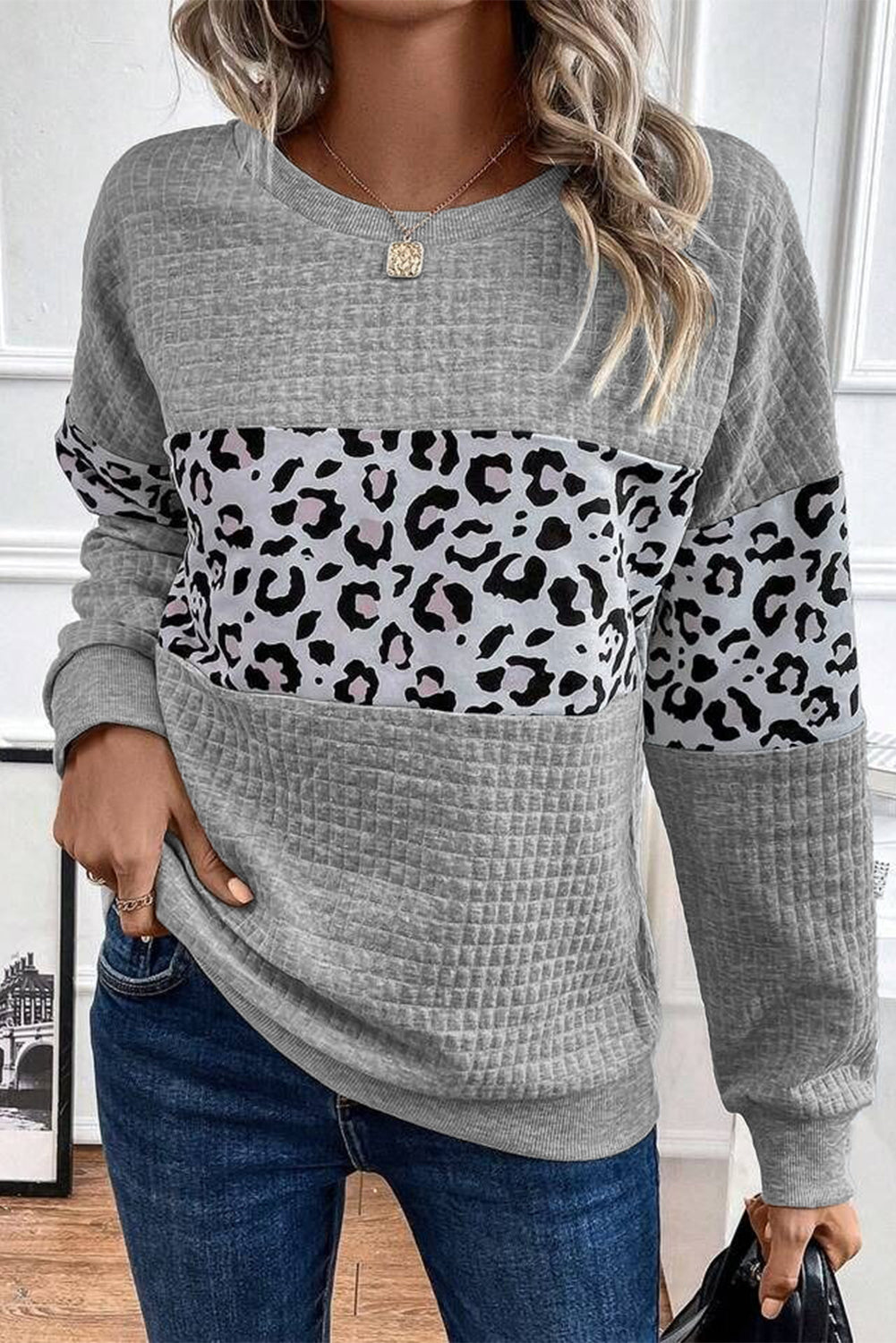 Gray Leopard Quilted Patchwork Crew Neck Sweatshirt